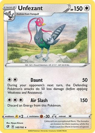 Unfezant 145/192 - SWSH02 Rebel Clash Reverse Holofoil - for just $0.20! 