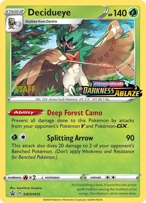 Decidueye (SWSH035) (Staff Prerelease Promo) [Sword & Shield: Black Star Promos] - for just $21.25! 