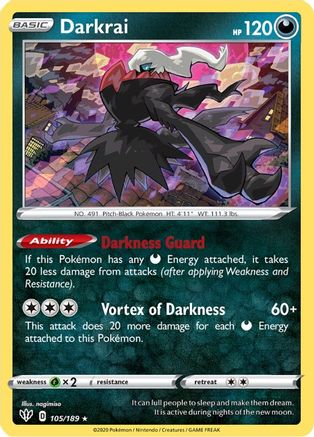 Darkrai 105/189 - SWSH03 Darkness Ablaze Reverse Holofoil - for just $0.34! 