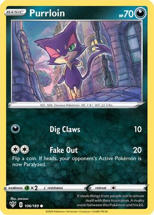 Purrloin 106/189 - SWSH03 Darkness Ablaze Reverse Holofoil - for just $0.05! 