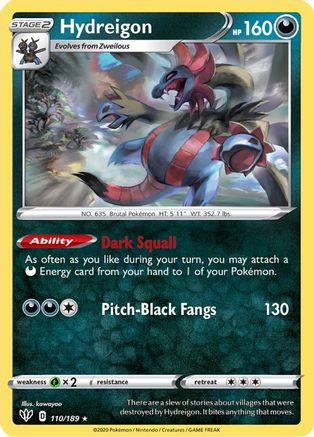 Hydreigon 110/189 - SWSH03 Darkness Ablaze Reverse Holofoil - for just $0.20! 
