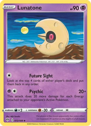 Lunatone 072/189 - SWSH03 Darkness Ablaze Reverse Holofoil - for just $0.10! 