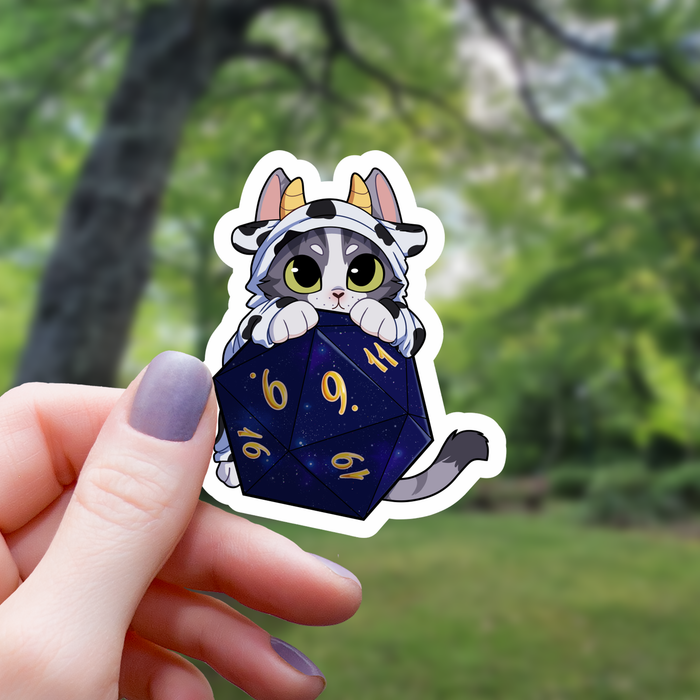 Cow Cat On Polyhedral D20 Dice Sticker - 3" - for just $3.50! 