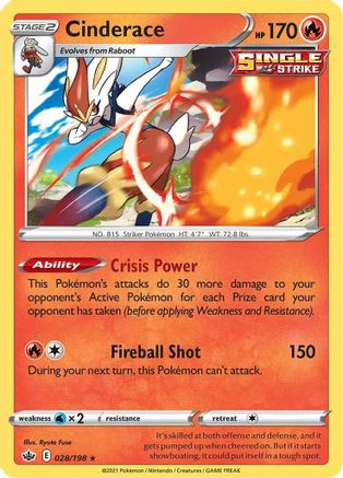 Cinderace 028/198 - SWSH06 Chilling Reign Reverse Holofoil - for just $0.18! 
