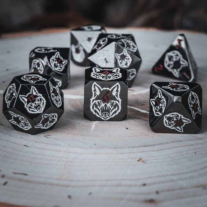 Wolves' Den White, Red, and Black Metal Dice Set - Just $39.99! Shop now at Retro Gaming of Denver