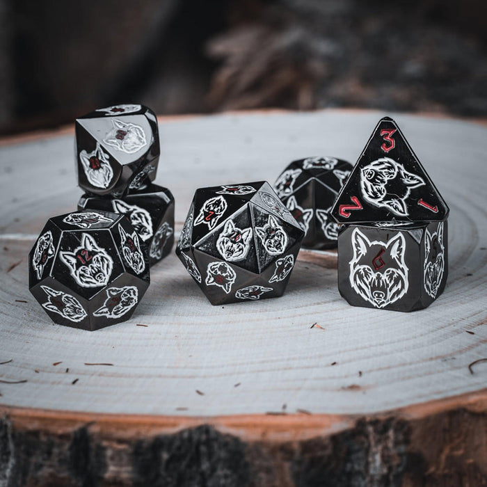 Wolves' Den White, Red, and Black Metal Dice Set - Just $39.99! Shop now at Retro Gaming of Denver