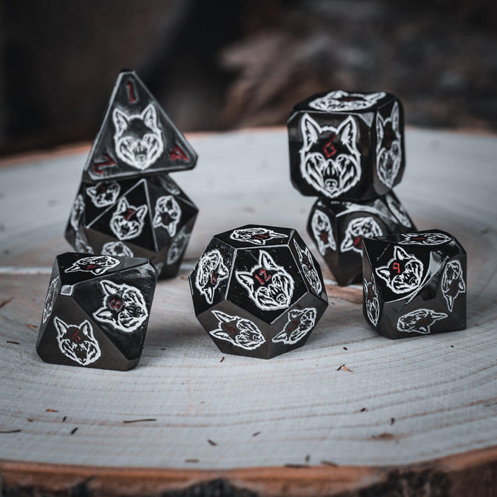 Wolves' Den White, Red, and Black Metal Dice Set - Just $39.99! Shop now at Retro Gaming of Denver