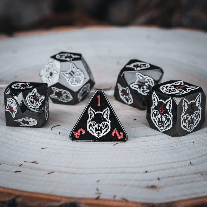 Wolves' Den White, Red, and Black Metal Dice Set - Just $39.99! Shop now at Retro Gaming of Denver