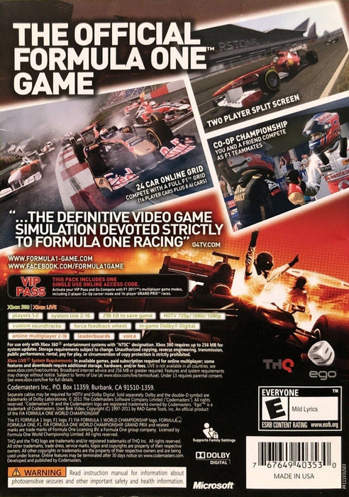 F1 2011 – Xbox 360 (X360) - for just $11.99! 