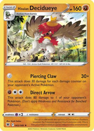 Hisuian Decidueye 082/189 - SWSH10 Astral Radiance Reverse Holofoil - for just $0.10! 