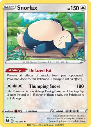 Snorlax 143/196 - SWSH11 Lost Origin Holofoil - for just $0.43! 