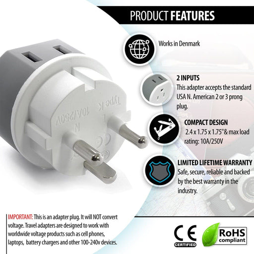 Denmark Travel Adapter - 2 in 1 - Type K - Compact Design (US-20) - Just $12.99! Shop now at Retro Gaming of Denver