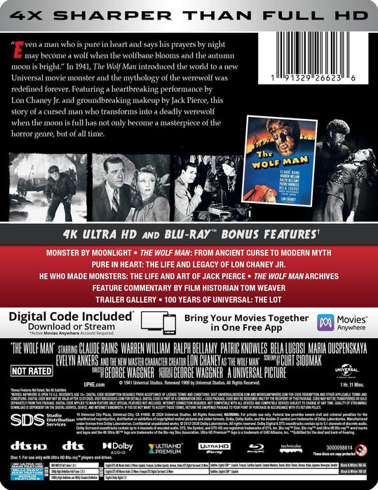 The Wolf Man (1941) Steelbook [4K Ultra HD + Blu-ray + Digital] - for just $35.99! 