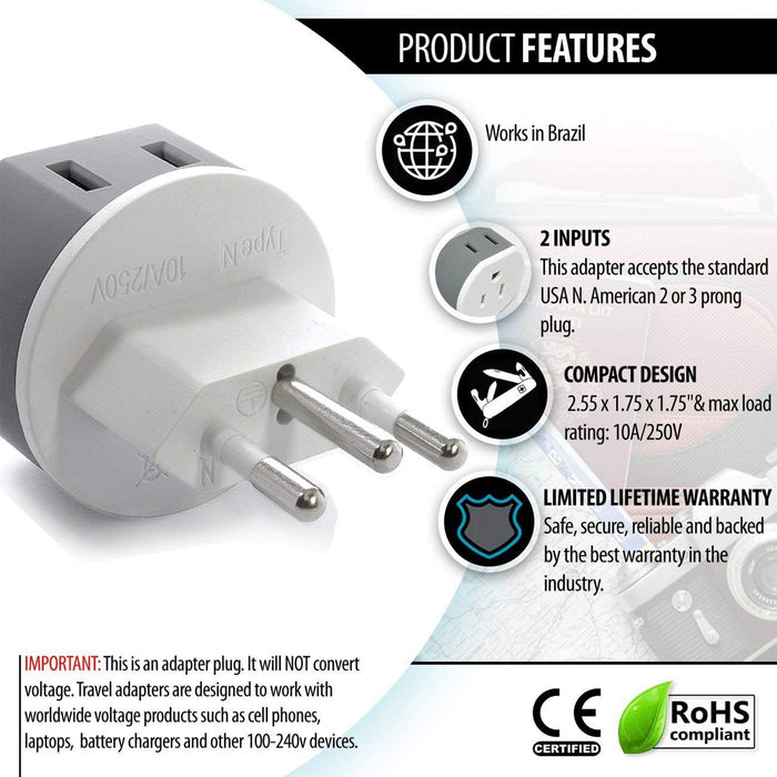 Brazil Travel Adapter - 2 in 1 - Type N - Compact Design (US-11C) - Just $12.99! Shop now at Retro Gaming of Denver