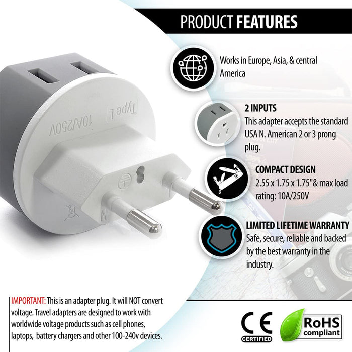 European Travel Adapter - 2 in 1 - Type C - Compact Design (US-9C) - Just $12.99! Shop now at Retro Gaming of Denver