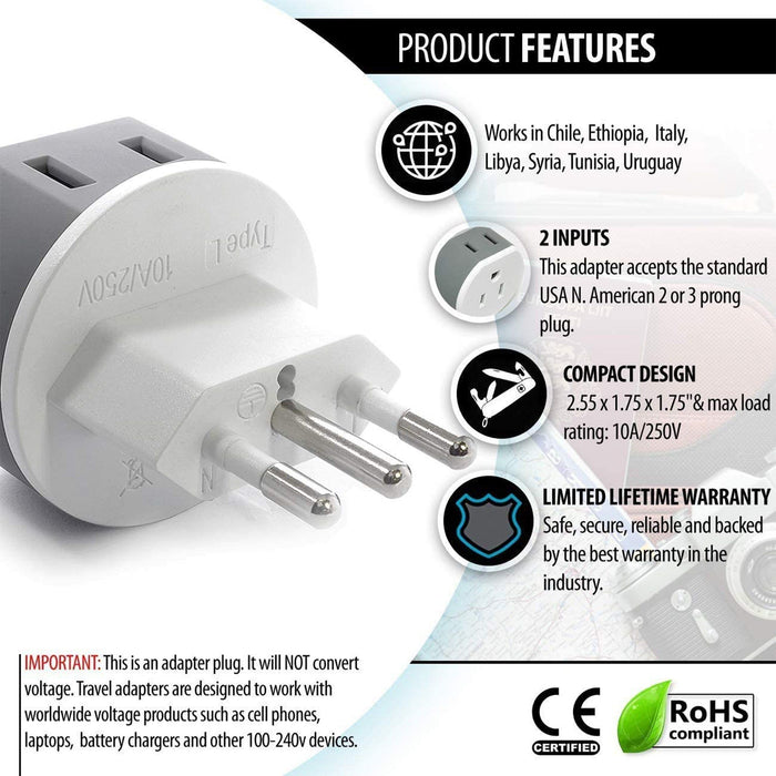 Italy, Uruguay Travel Adapter - 2 in 1 - Type L - Compact Design (US-12A) - Just $12.99! Shop now at Retro Gaming of Denver