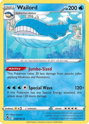 Wailord 038/195 - SWSH12 Silver Tempest - for just $0.05! 
