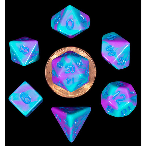 Mini Polyhedral Dice Set: Purple / Teal with Blue Numbers - for just $5.99! 