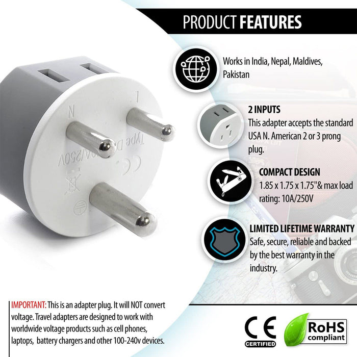 India, Nepal Travel Adapter - 2 in 1 - Type D - Compact Design (US-10) - Just $12.99! Shop now at Retro Gaming of Denver