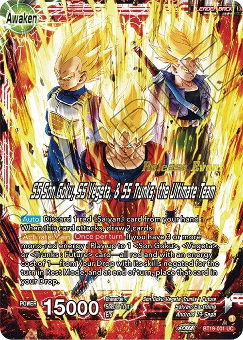 Son Goku & Vegeta & Trunks // SS Son Goku, SS Vegeta, & SS Trunks, the Ultimate Team (Fighter's Ambition Holiday Pack) (BT19-001) [Tournament Promotion Cards] - for just $4.40! 