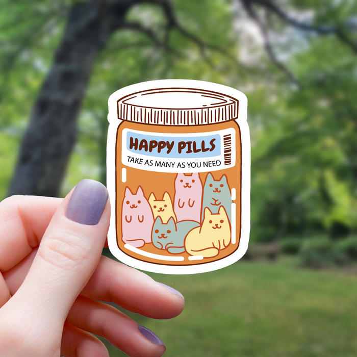 Happy Pill Cat Bottle Sticker - 3" - for just $3.50! 
