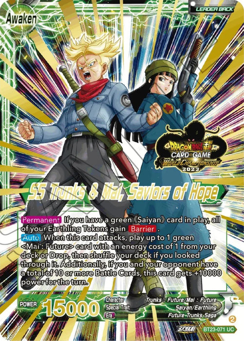 Trunks & Mai // SS Trunks & Mai, Saviors of Hope (2023 Worlds ZENKAI 06 Leader Set) (BT23-071) [Tournament Promotion Cards] - for just $6000! 