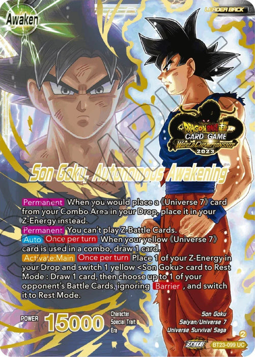 SSB Son Goku // Son Goku, Autonomous Awakening (2023 Worlds ZENKAI 06 Leader Set) (BT23-099) [Tournament Promotion Cards] - for just $10000! 