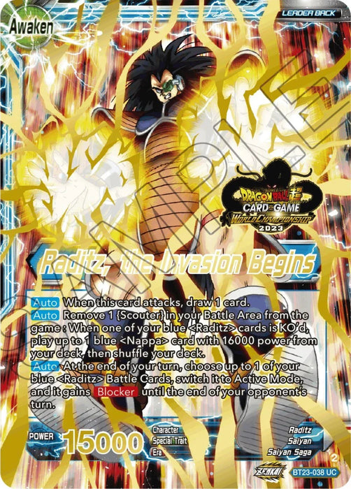 Raditz // Raditz, the Invasion Begins (2023 Worlds ZENKAI 06 Leader Set) (BT23-038) [Tournament Promotion Cards] - for just $168! 