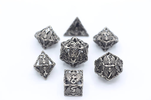 Ancient Silver Hollow Metal Bat Polyhedral Dice Set - for just $69.99! 