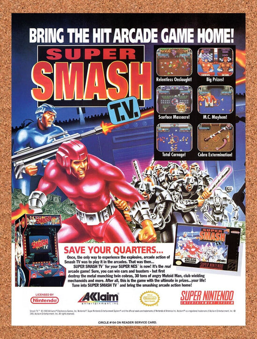 1992 Super Smash TV SNES Original Ad v1 - for just $17.99! 