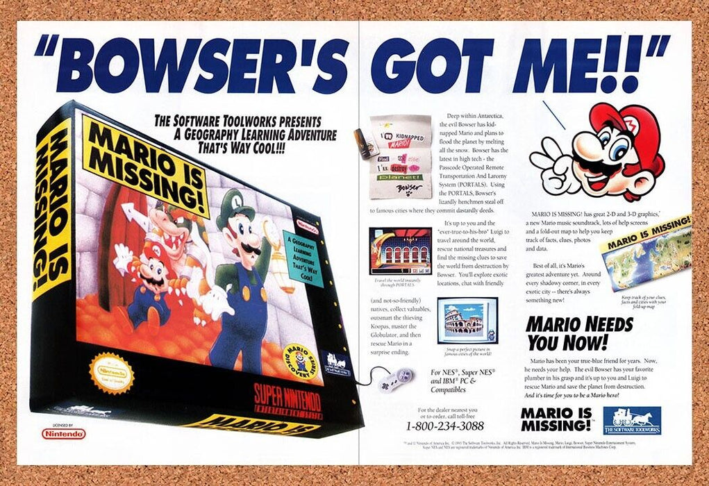 1993 Mario Is Missing SNES Original Ad v2 - for just $19.34! 