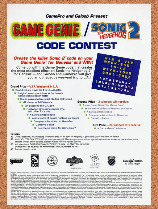 1993 Game Genie Sonic 2 Code Contest Original Ad v9 - for just $17.99! 