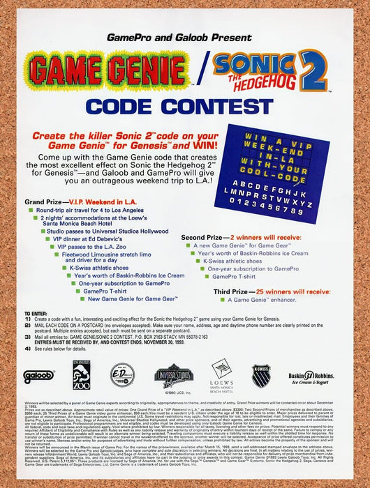 1993 Game Genie Sonic 2 Code Contest Original Ad v9 - for just $17.99! 