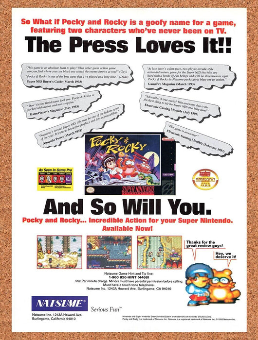 1993 Pocky & Rocky SNES Original Ad v1 - for just $17.99! 