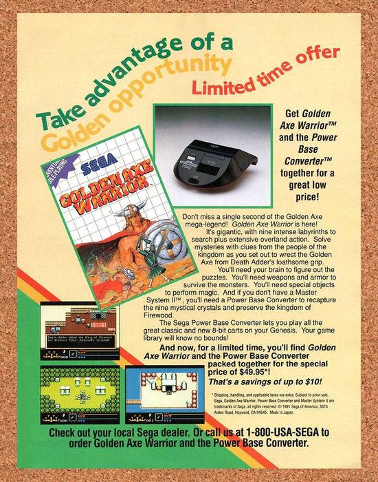 1991 Golden Axe Warrior Master System Original Ad v1 - for just $18.99! 