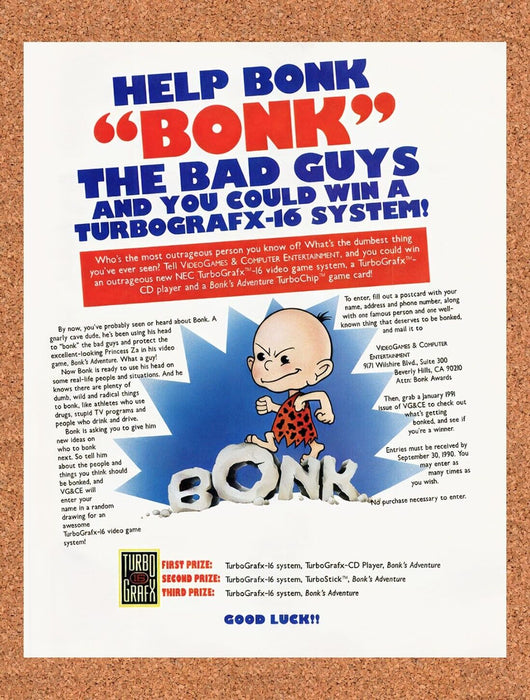 1990 Bonk's Adventure TurboGrafx-16 Sweepstakes Original Ad v2 - for just $17.99! 