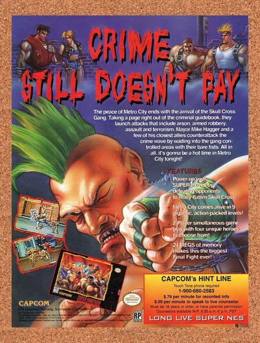 1995 Final Fight 3 SNES Original Ad v1 - for just $17.99! 