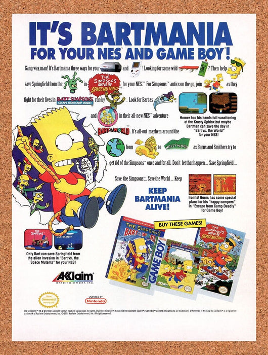 1992 Bart Vs The World NES Original Ad v2 - for just $18.29! 