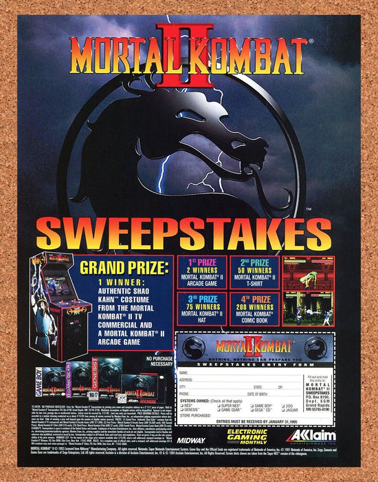 1994 Mortal Kombat II SNES Original Sweepstakes Ad - for just $17.99! 