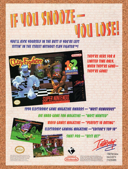 1994 ClayFighter SNES Original Ad v4 - for just $17.99! 