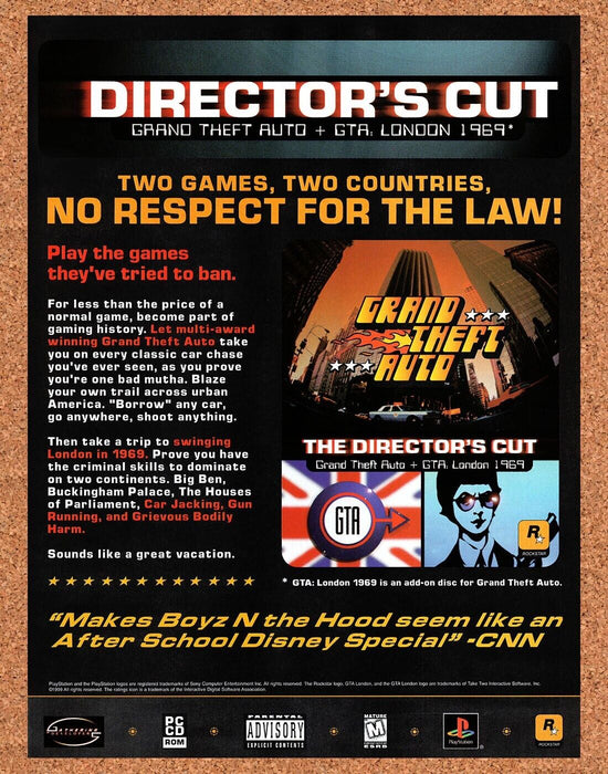 1999 Grand Theft Auto Director's Cut PS1 Original Ad v2 - for just $17.99! 
