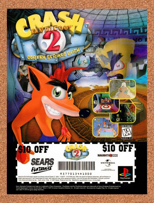 1997 Crash Bandicoot 2 Cortex Strikes Sears Funtronics Rebate Original Ad v4 - for just $17.99! 
