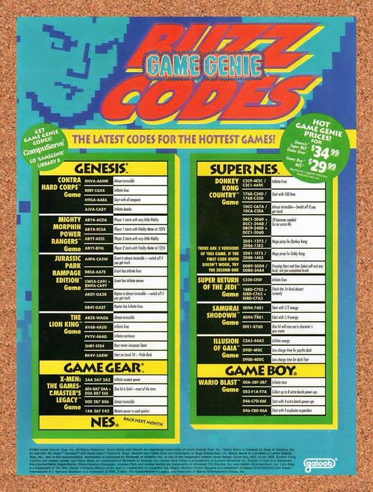 1995 Game Genie Buzz Codes Original Ad v6 - for just $17.99! 