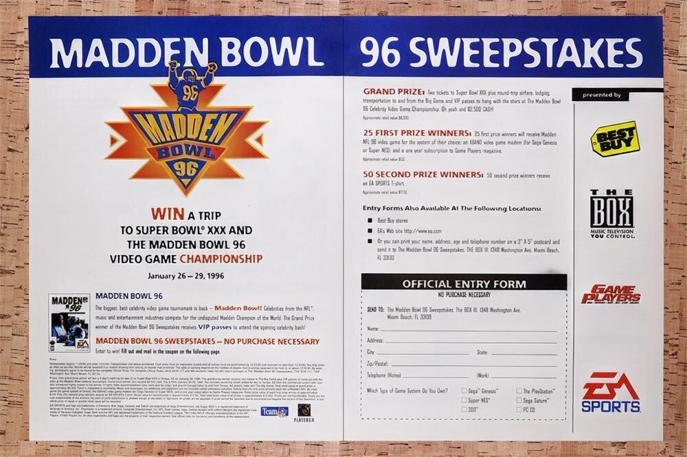 1996 Madden Bowl 96 Super Bowl XXX Sweepstakes Original Ad v1 - for just $21.49! 