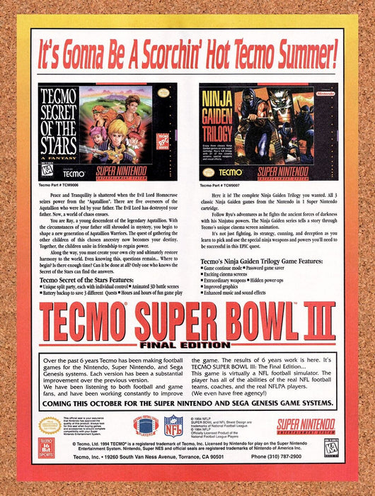 1995 Tecmo SNES Games Ninja Gaiden Trilogy Original Ad v1 - for just $17.99! 