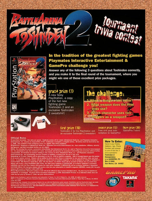 1996 Battle Arena Toshinden 2 Tournament Trivia Contest Original Ad v2 - for just $17.99! 