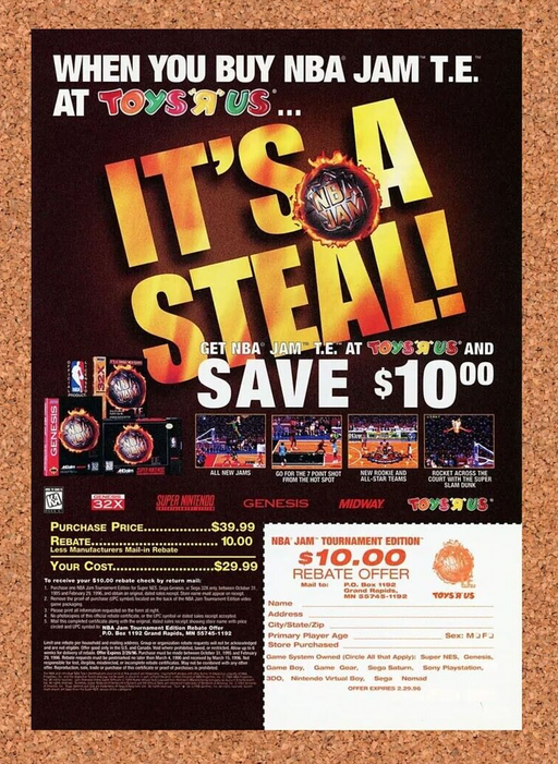 1996 NBA Jam TE SNES Toys R Us Rebate Original Ad - for just $17.99! 