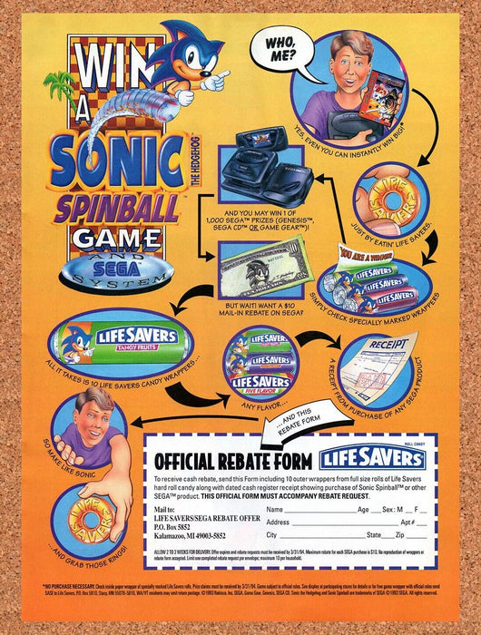 1993 Sonic Spinball Life Savers Rebate Original Ad - for just $17.99! 
