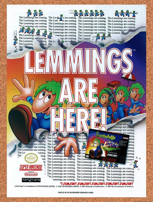 1992 Lemmings SNES Original Ad v1 - for just $17.99! 