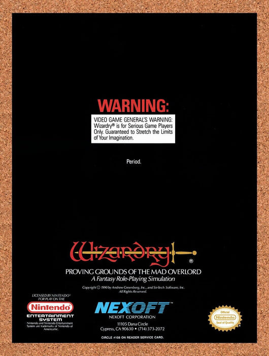 1990 Wizardry Proving Grounds Of The Mad Overlord NES Original Ad v1 - for just $17.99! 